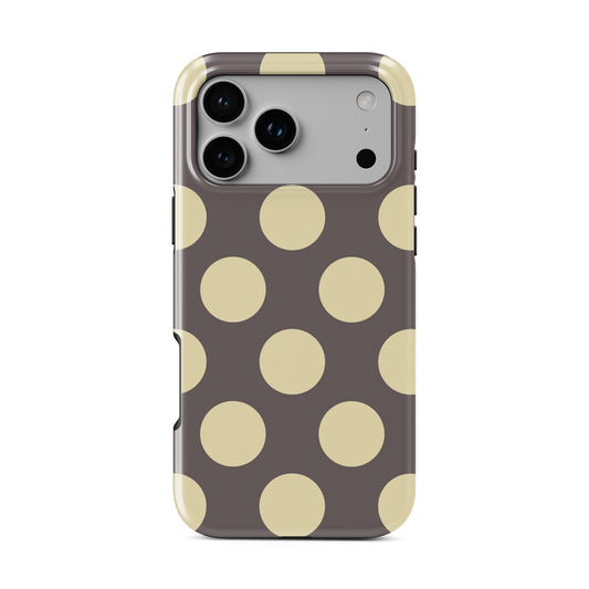 Vanilla Truffle MagSafe Tough Case featuring oversized creamy vanilla polka dots on a rich cocoa-brown background.