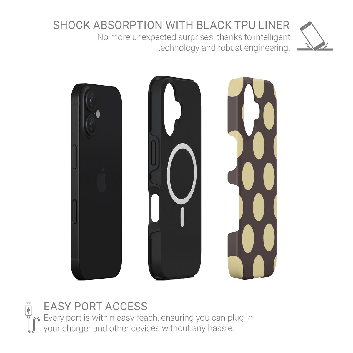 Vanilla Truffle MagSafe Tough Case featuring oversized creamy vanilla polka dots on a rich cocoa-brown background.