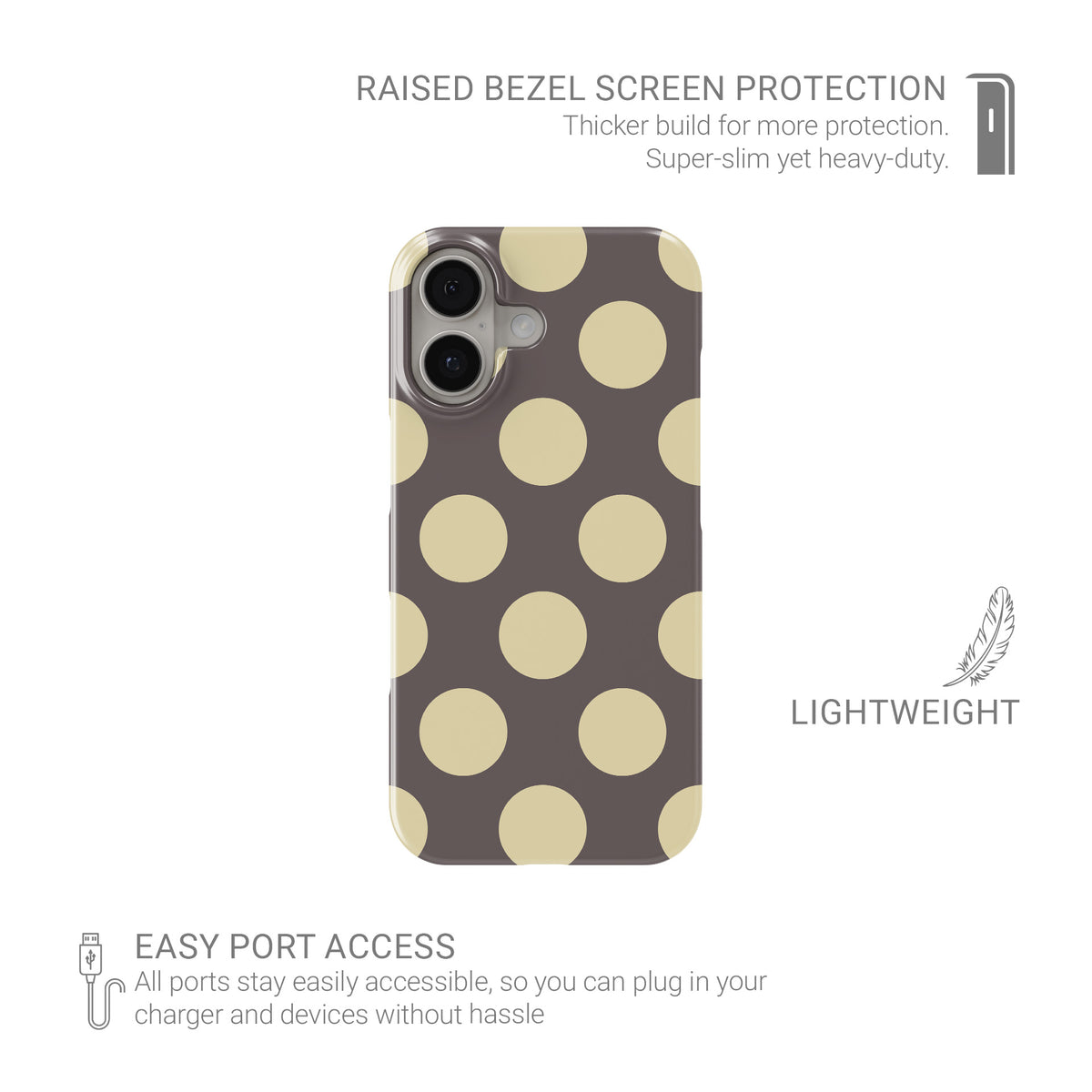 Vanilla Truffle Snap Phone Case featuring oversized creamy vanilla polka dots on a rich cocoa-brown background.