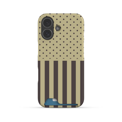 Cocoa Wafer Card Phone Case featuring small cocoa-brown polka dots above bold vertical cocoa-brown stripes on a creamy vanilla background.