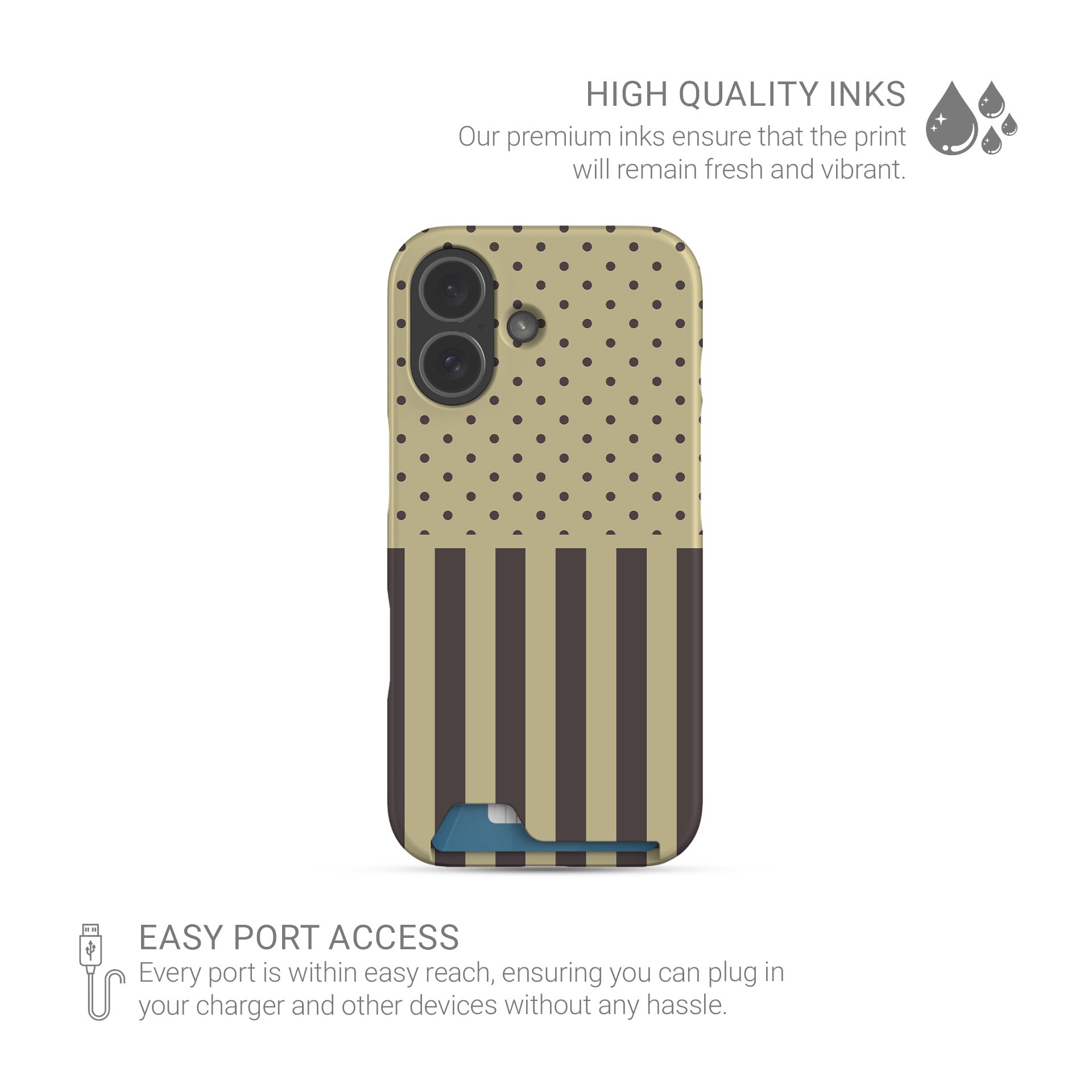 Cocoa Wafer Card Phone Case featuring small cocoa-brown polka dots above bold vertical cocoa-brown stripes on a creamy vanilla background.