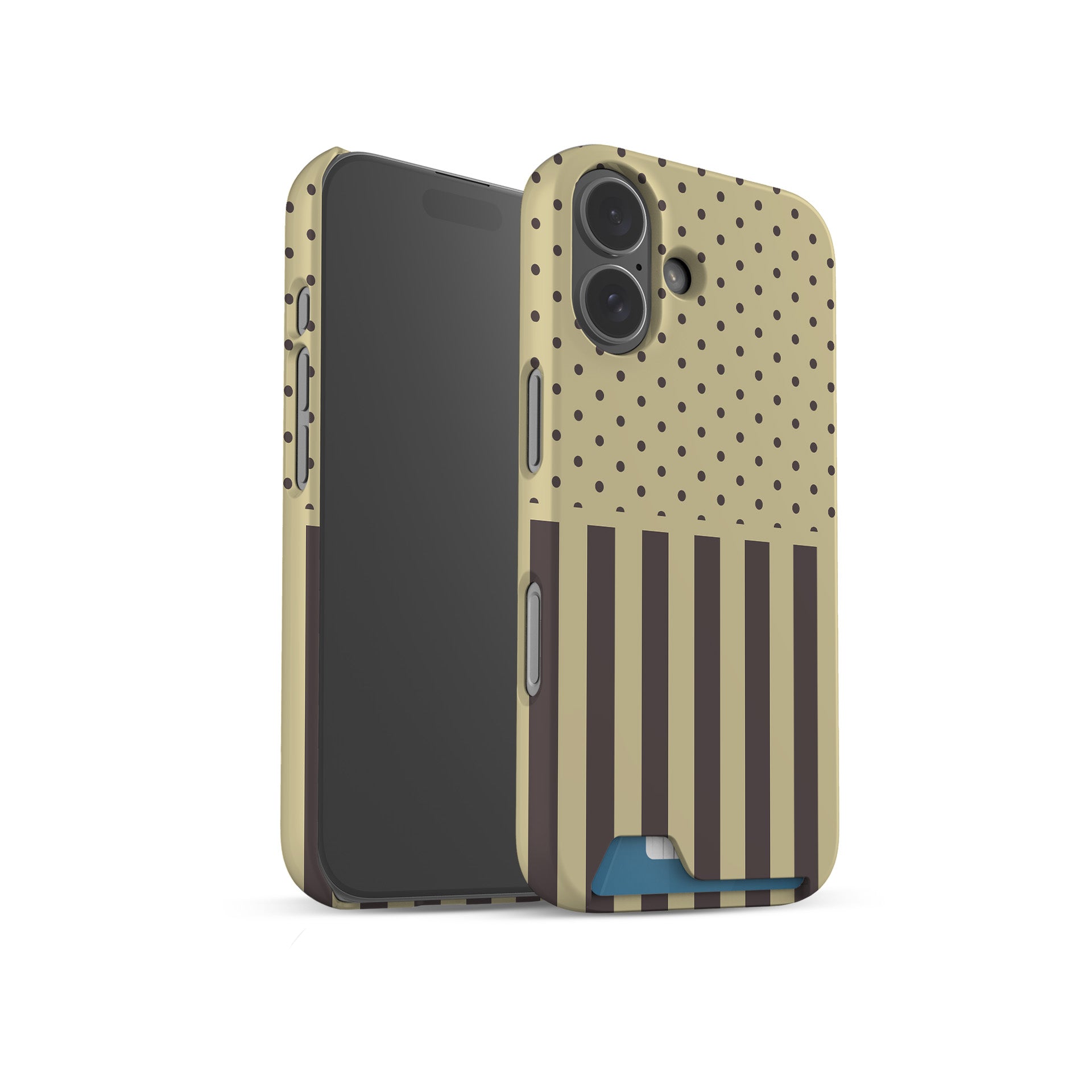 Cocoa Wafer Card Phone Case featuring small cocoa-brown polka dots above bold vertical cocoa-brown stripes on a creamy vanilla background.