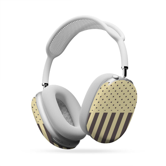 Cocoa Wafer AirPods Max Covers featuring small cocoa-brown polka dots above bold vertical cocoa-brown stripes on a creamy vanilla background.