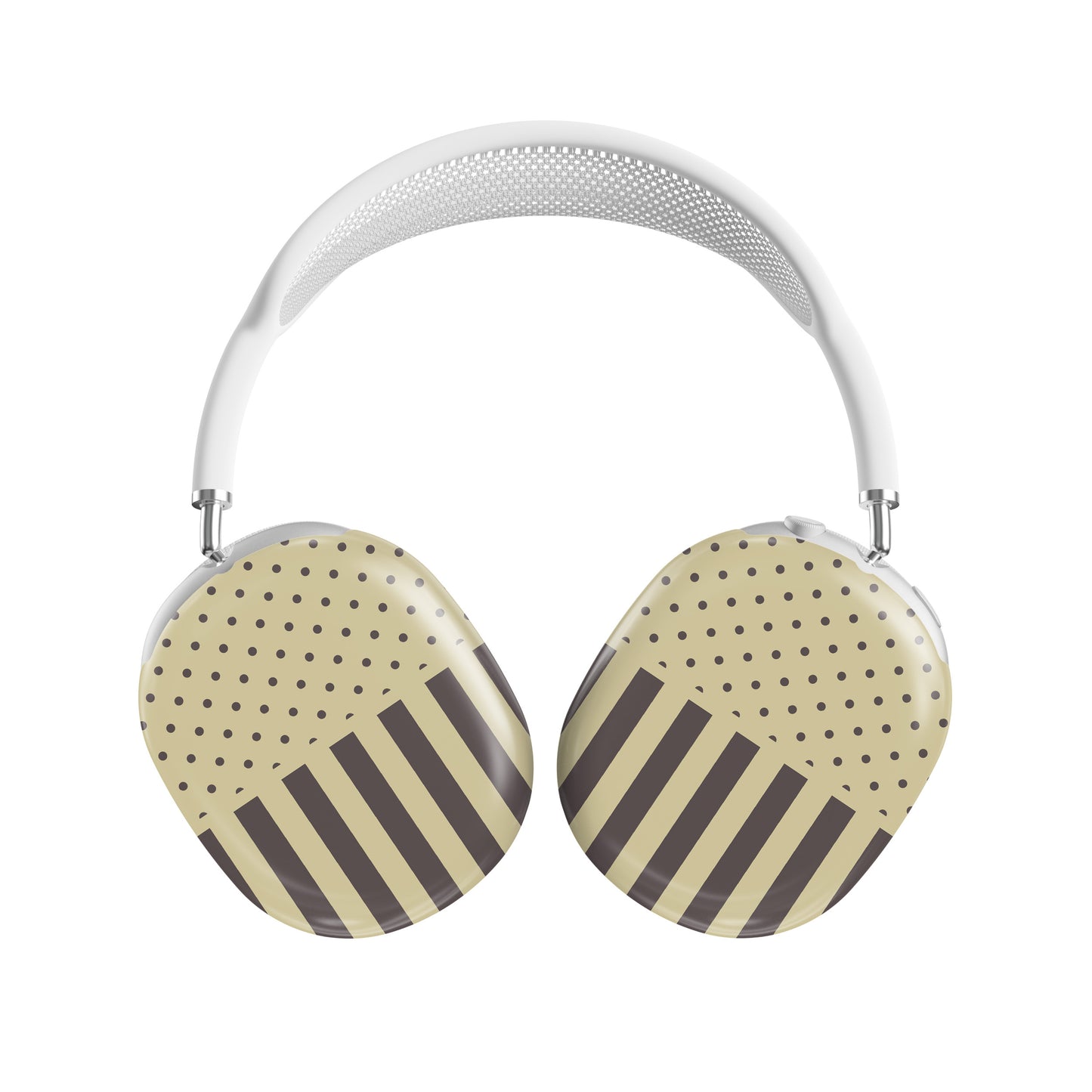 Cocoa Wafer AirPods Max Covers featuring small cocoa-brown polka dots above bold vertical cocoa-brown stripes on a creamy vanilla background.