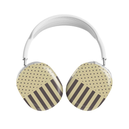 Cocoa Wafer AirPods Max Covers featuring small cocoa-brown polka dots above bold vertical cocoa-brown stripes on a creamy vanilla background.
