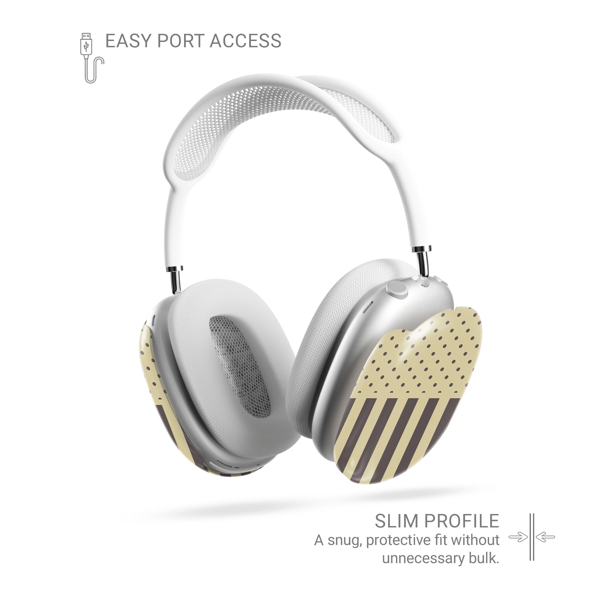 Cocoa Wafer AirPods Max Covers featuring small cocoa-brown polka dots above bold vertical cocoa-brown stripes on a creamy vanilla background.