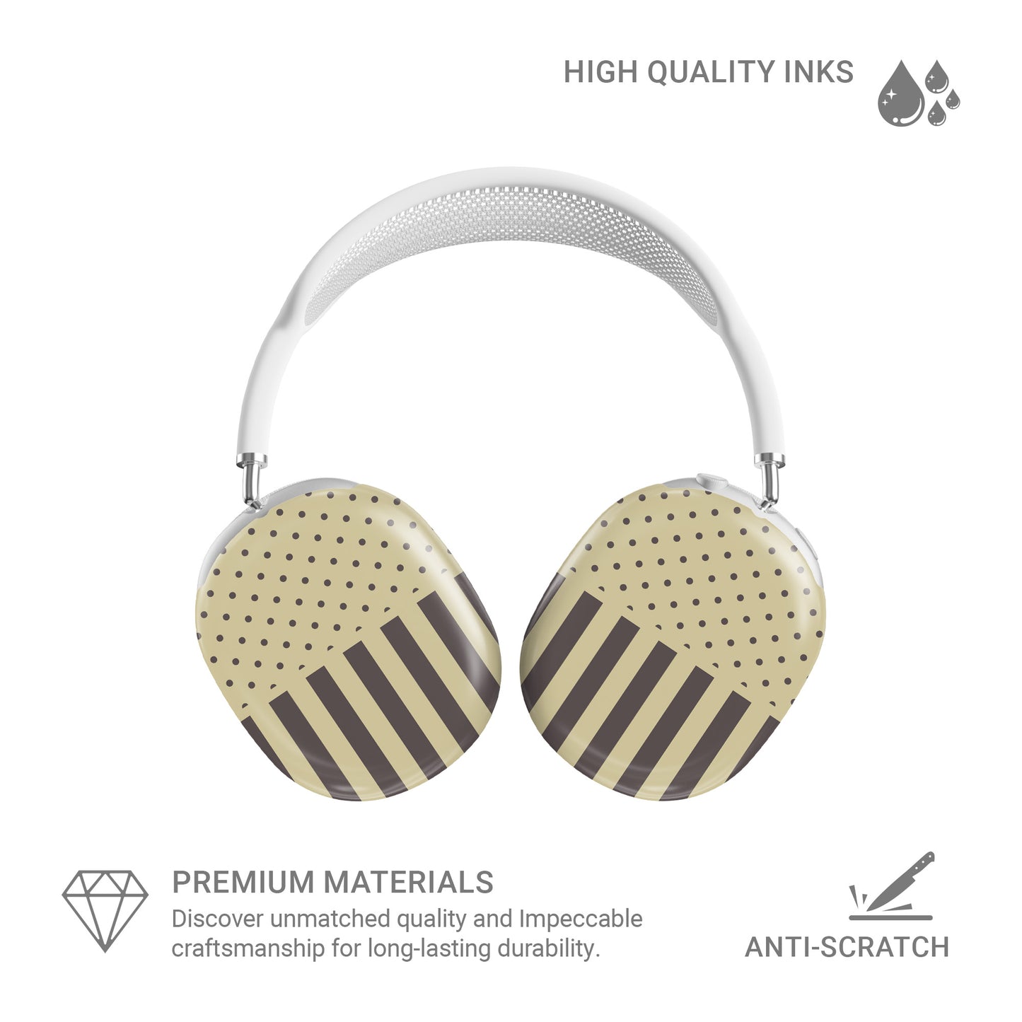 Cocoa Wafer AirPods Max Covers featuring small cocoa-brown polka dots above bold vertical cocoa-brown stripes on a creamy vanilla background.
