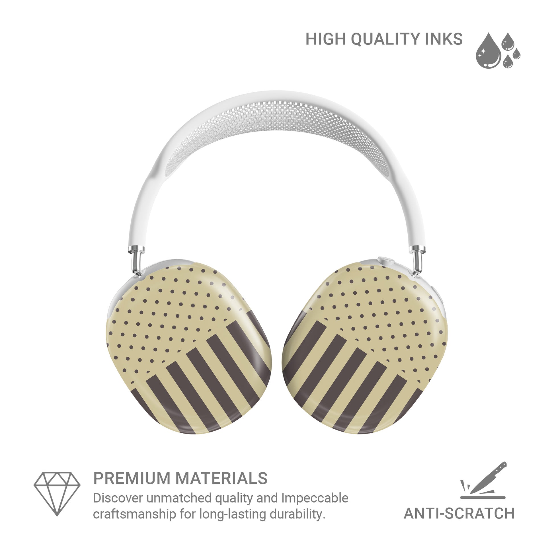 Cocoa Wafer AirPods Max Covers featuring small cocoa-brown polka dots above bold vertical cocoa-brown stripes on a creamy vanilla background.