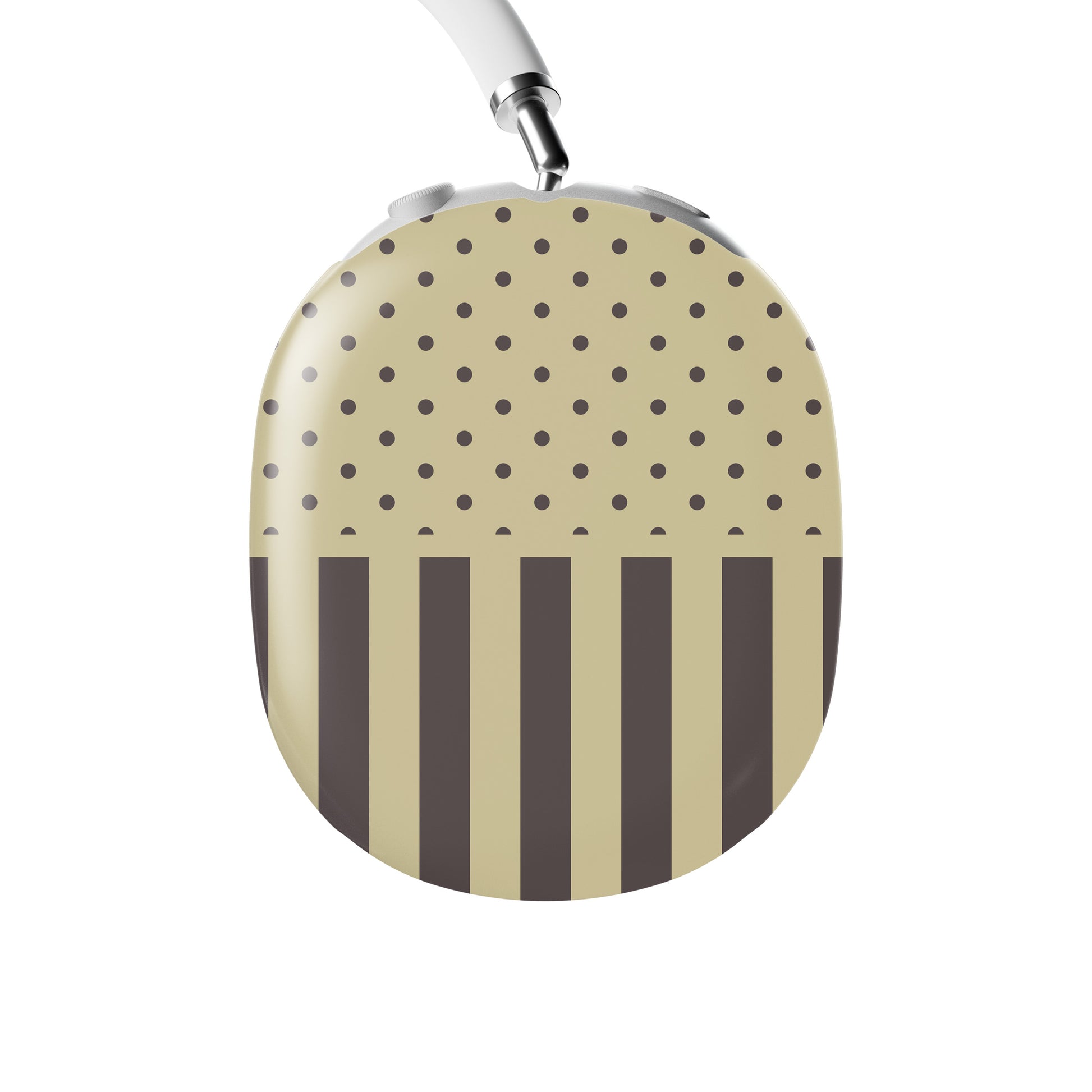Cocoa Wafer AirPods Max Covers featuring small cocoa-brown polka dots above bold vertical cocoa-brown stripes on a creamy vanilla background.