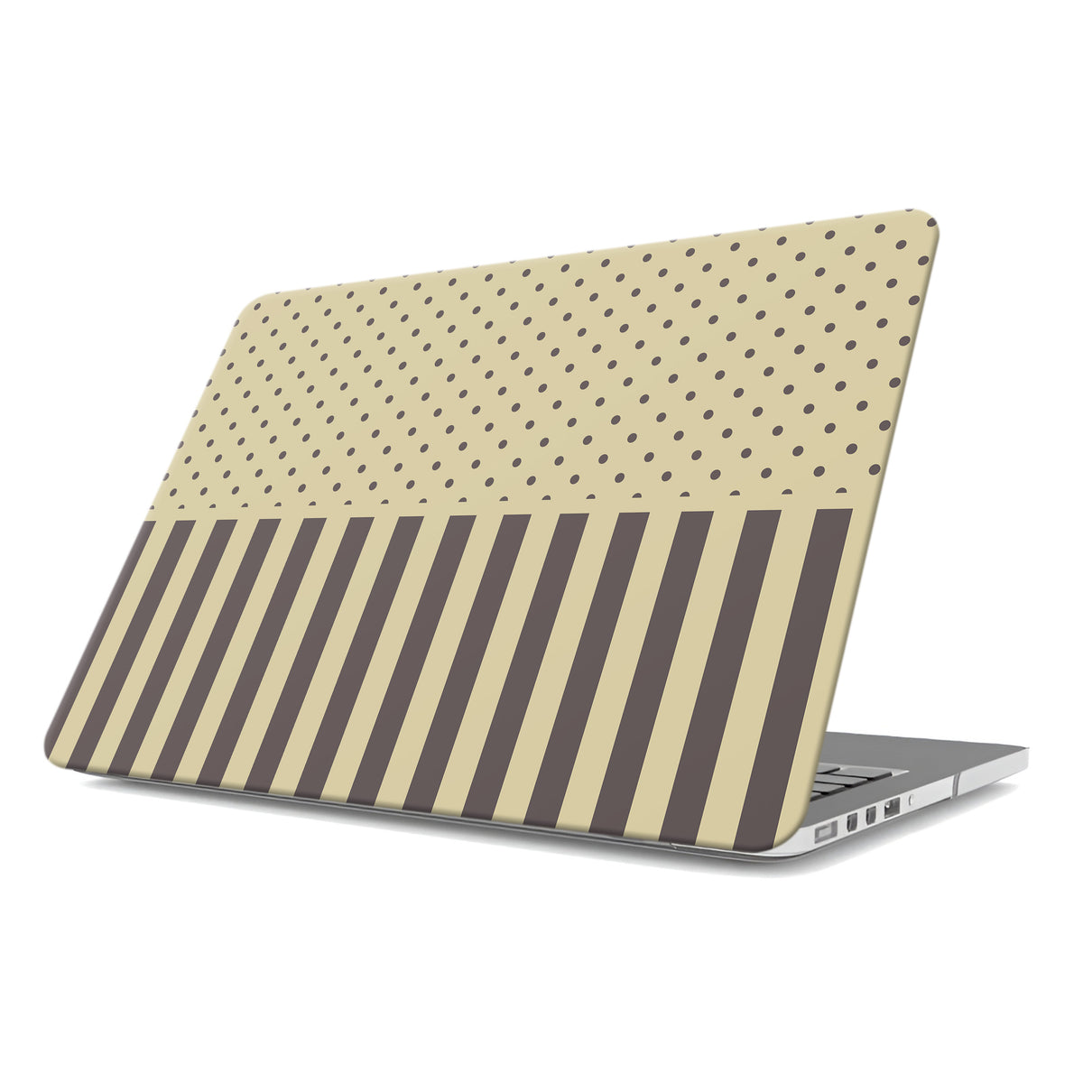 Cocoa Wafer MacBook Case featuring small cocoa-brown polka dots above bold vertical cocoa-brown stripes on a creamy vanilla background.