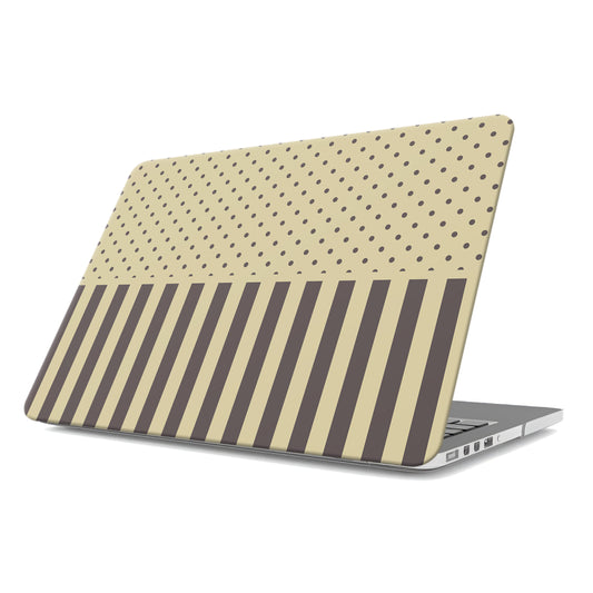 Cocoa Wafer MacBook Case featuring small cocoa-brown polka dots above bold vertical cocoa-brown stripes on a creamy vanilla background.