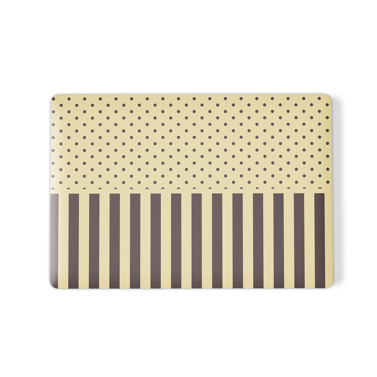Cocoa Wafer MacBook Case featuring small cocoa-brown polka dots above bold vertical cocoa-brown stripes on a creamy vanilla background.