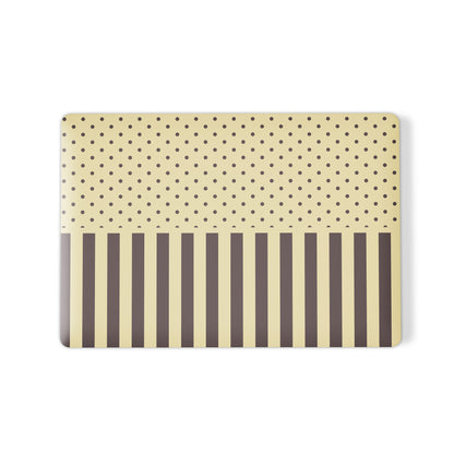 Cocoa Wafer MacBook Case featuring small cocoa-brown polka dots above bold vertical cocoa-brown stripes on a creamy vanilla background.