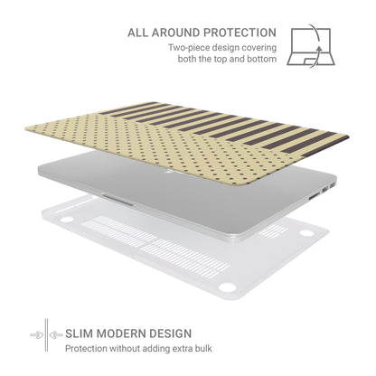 Cocoa Wafer MacBook Case featuring small cocoa-brown polka dots above bold vertical cocoa-brown stripes on a creamy vanilla background.