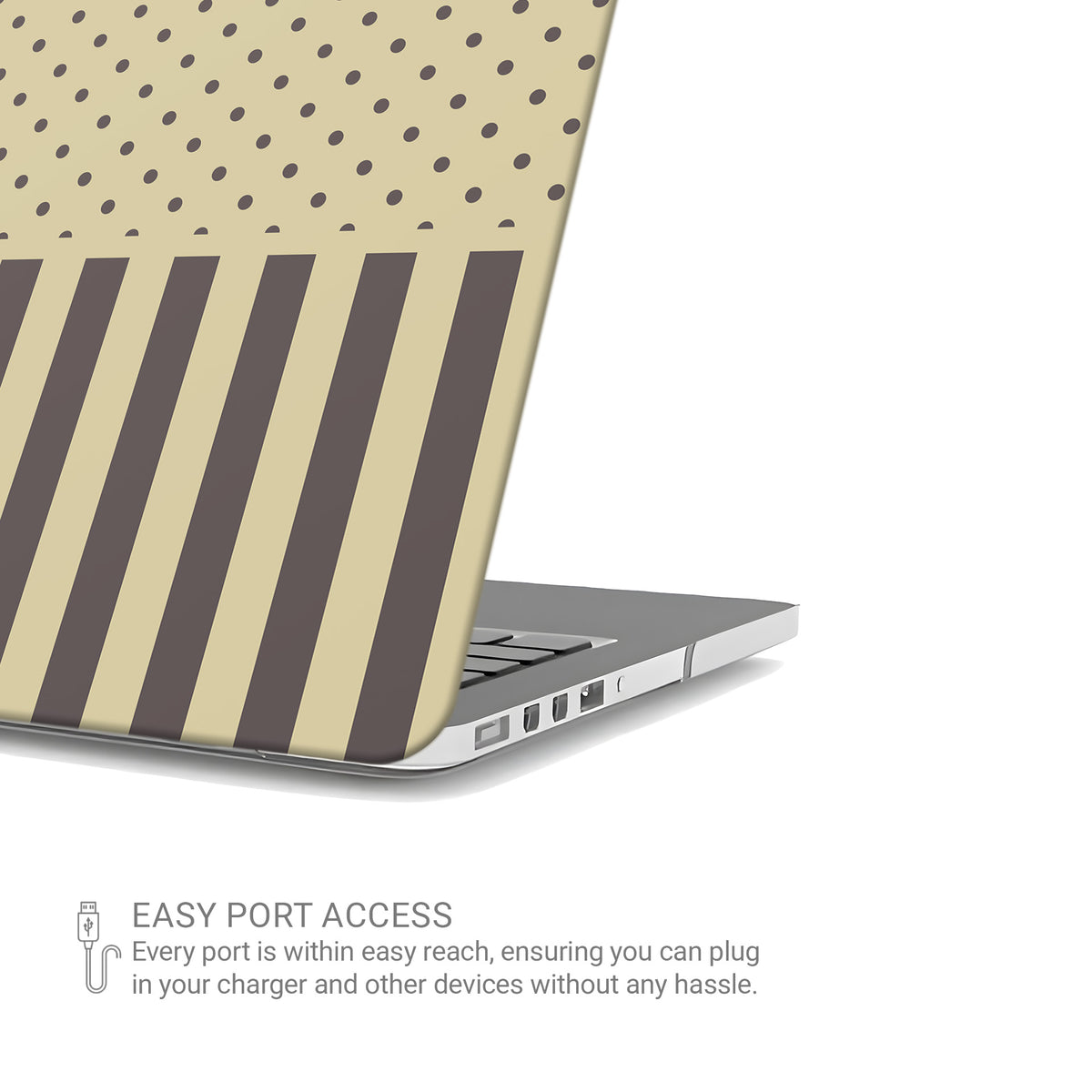 Cocoa Wafer MacBook Case featuring small cocoa-brown polka dots above bold vertical cocoa-brown stripes on a creamy vanilla background.