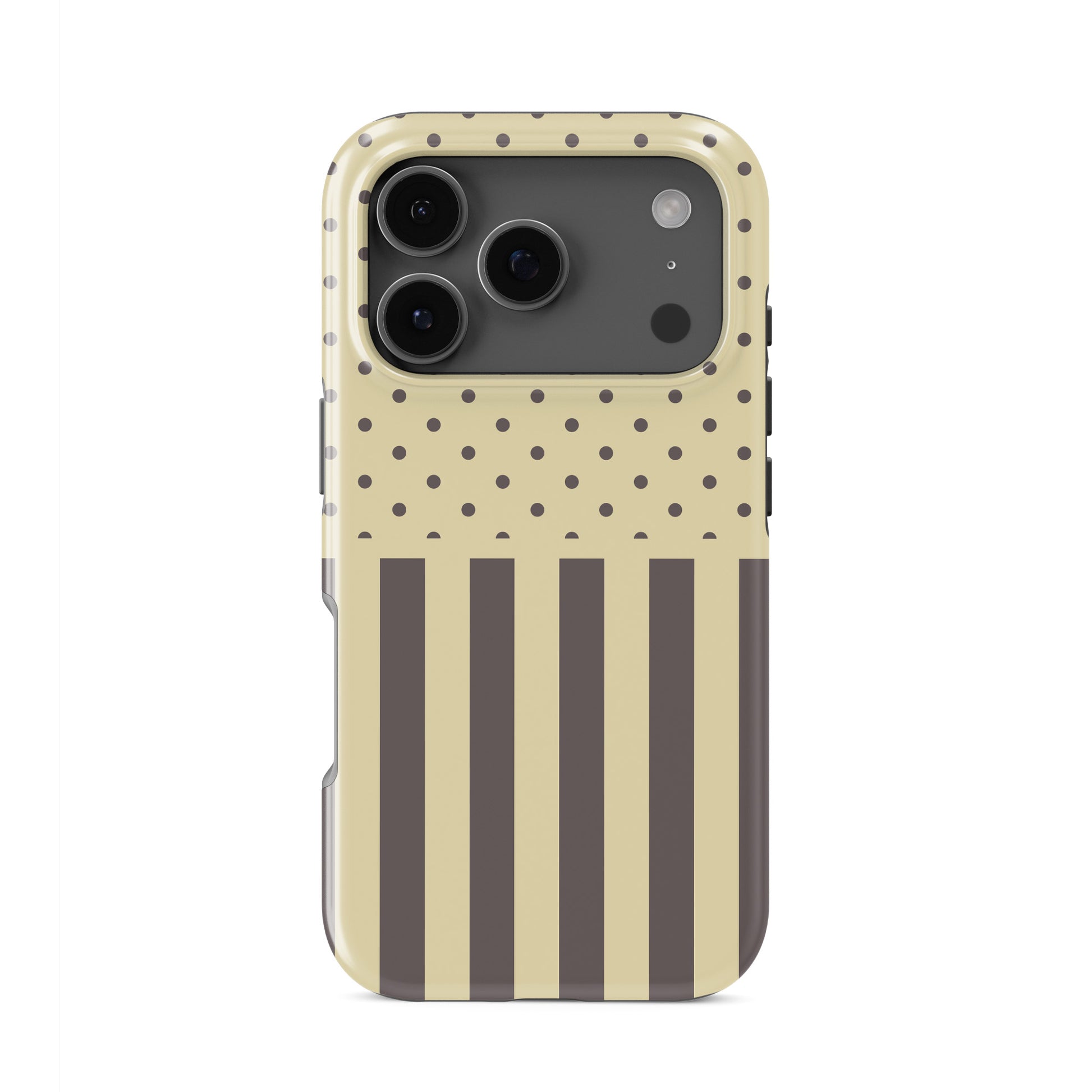 Cocoa Wafer Tough Phone Case featuring small cocoa-brown polka dots above bold vertical cocoa-brown stripes on a creamy vanilla background.