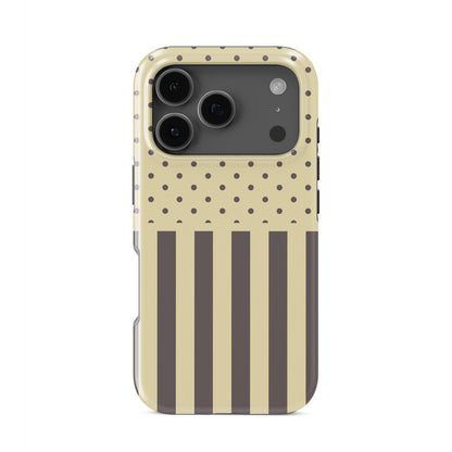 Cocoa Wafer Tough Phone Case featuring small cocoa-brown polka dots above bold vertical cocoa-brown stripes on a creamy vanilla background.