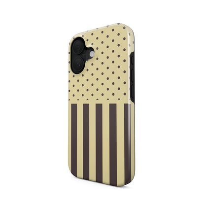 Cocoa Wafer Tough Phone Case featuring small cocoa-brown polka dots above bold vertical cocoa-brown stripes on a creamy vanilla background.