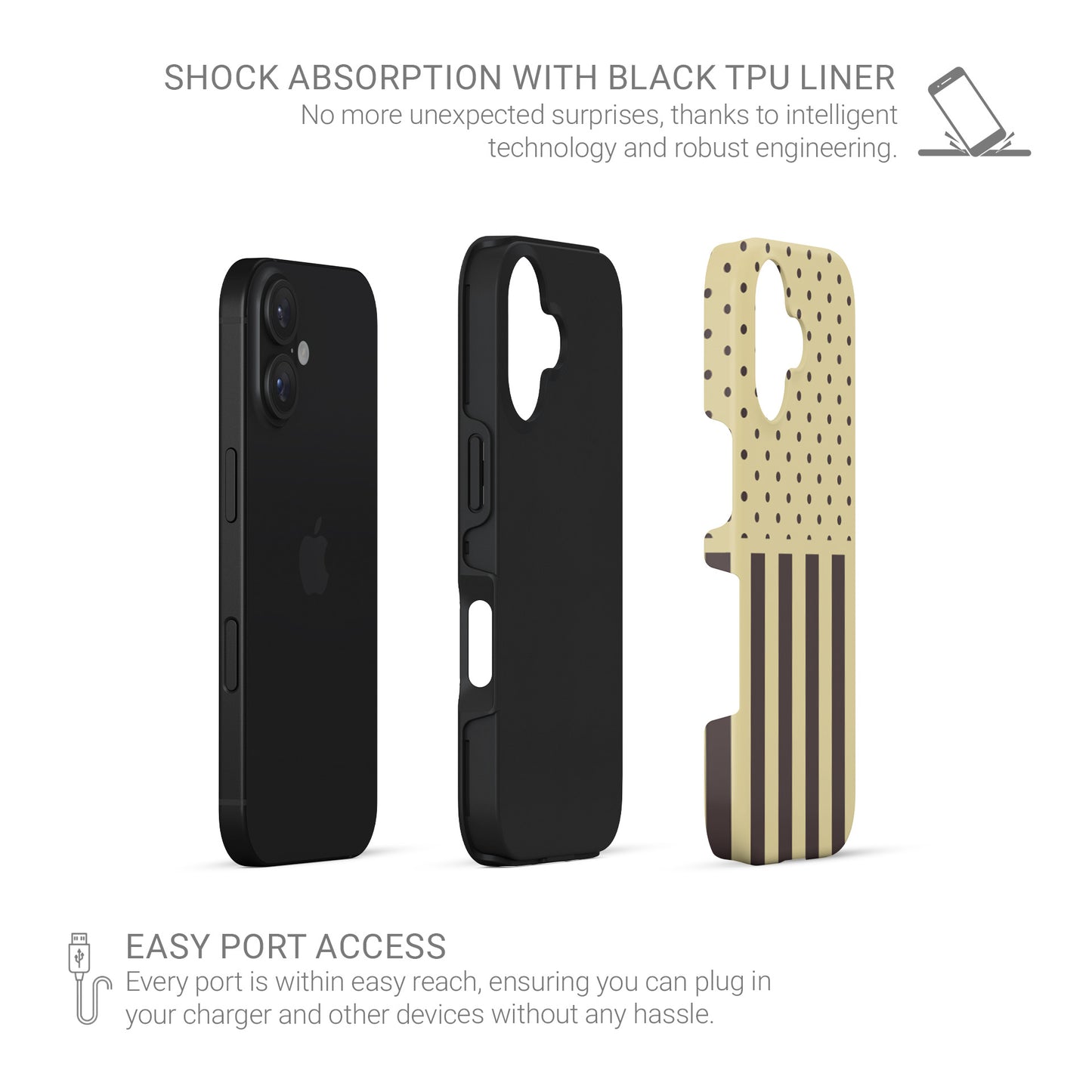 Cocoa Wafer Tough Phone Case featuring small cocoa-brown polka dots above bold vertical cocoa-brown stripes on a creamy vanilla background.