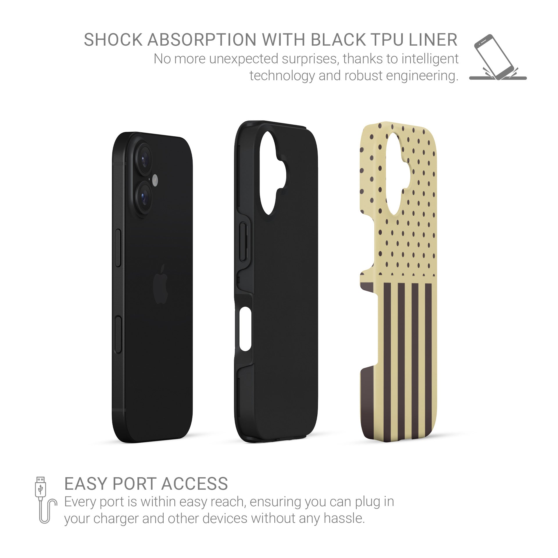 Cocoa Wafer Tough Phone Case featuring small cocoa-brown polka dots above bold vertical cocoa-brown stripes on a creamy vanilla background.
