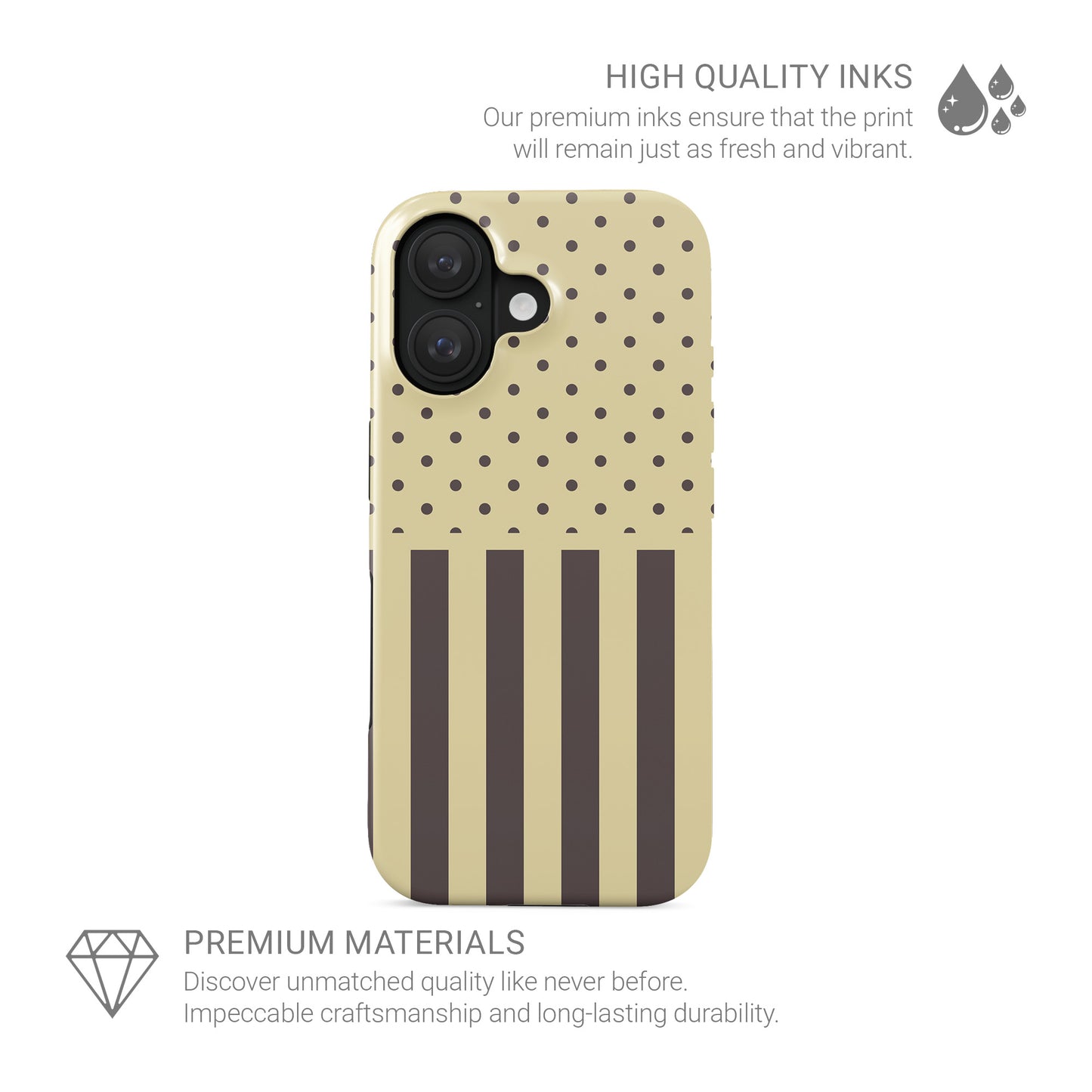 Cocoa Wafer Tough Phone Case featuring small cocoa-brown polka dots above bold vertical cocoa-brown stripes on a creamy vanilla background.