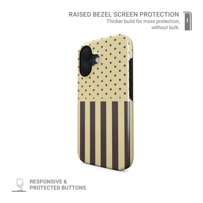 Cocoa Wafer Tough Phone Case featuring small cocoa-brown polka dots above bold vertical cocoa-brown stripes on a creamy vanilla background.