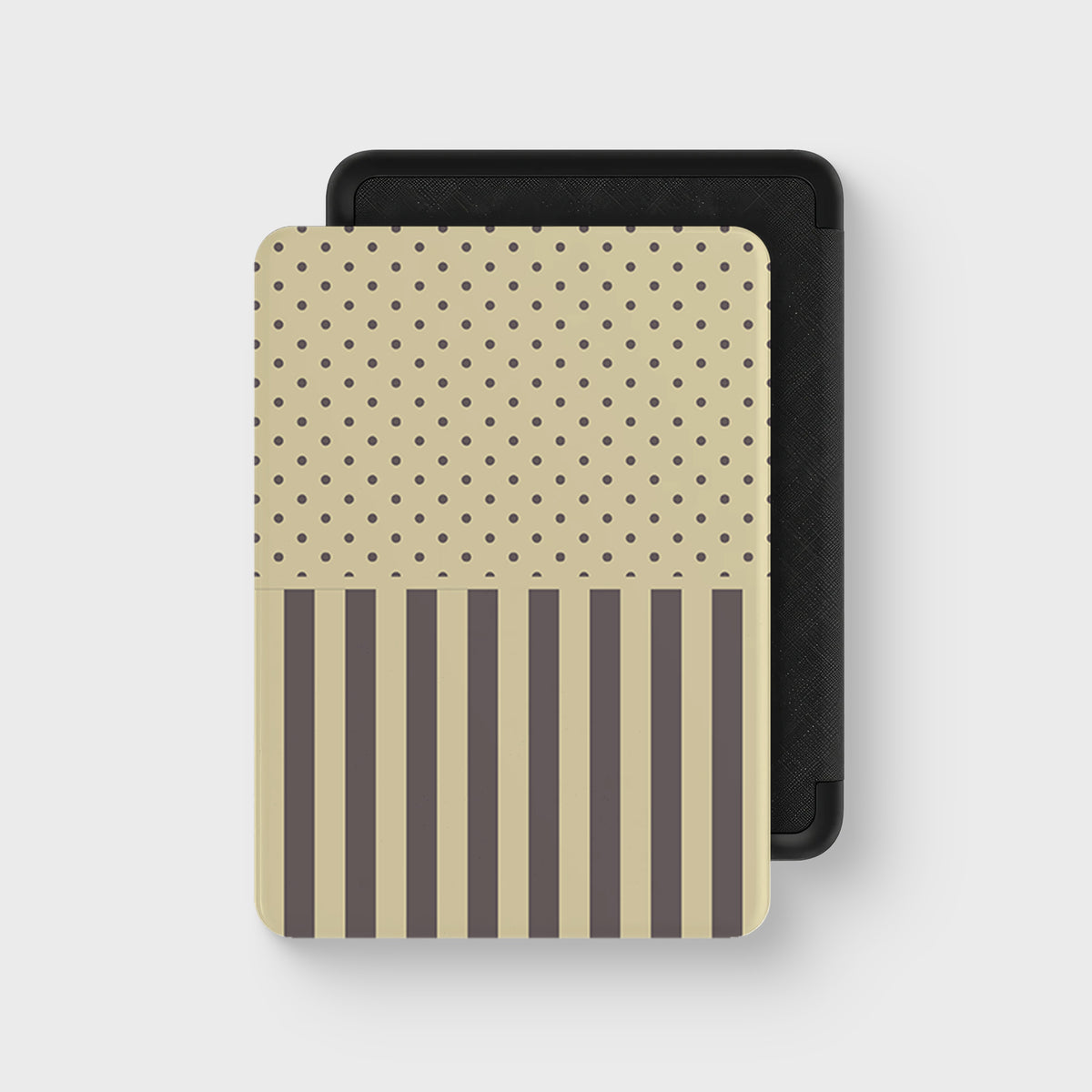 Cocoa Wafer Kindle Case featuring small cocoa-brown polka dots above bold vertical cocoa-brown stripes on a creamy vanilla background.