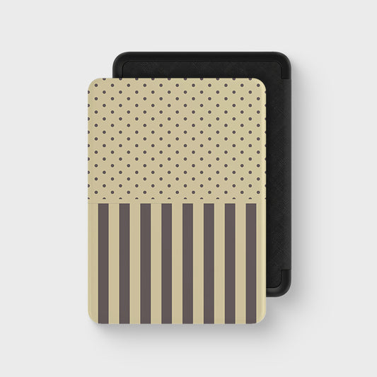 Cocoa Wafer Kindle Case featuring small cocoa-brown polka dots above bold vertical cocoa-brown stripes on a creamy vanilla background.