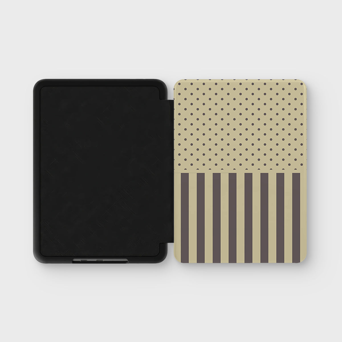 Cocoa Wafer Kindle Case featuring small cocoa-brown polka dots above bold vertical cocoa-brown stripes on a creamy vanilla background.