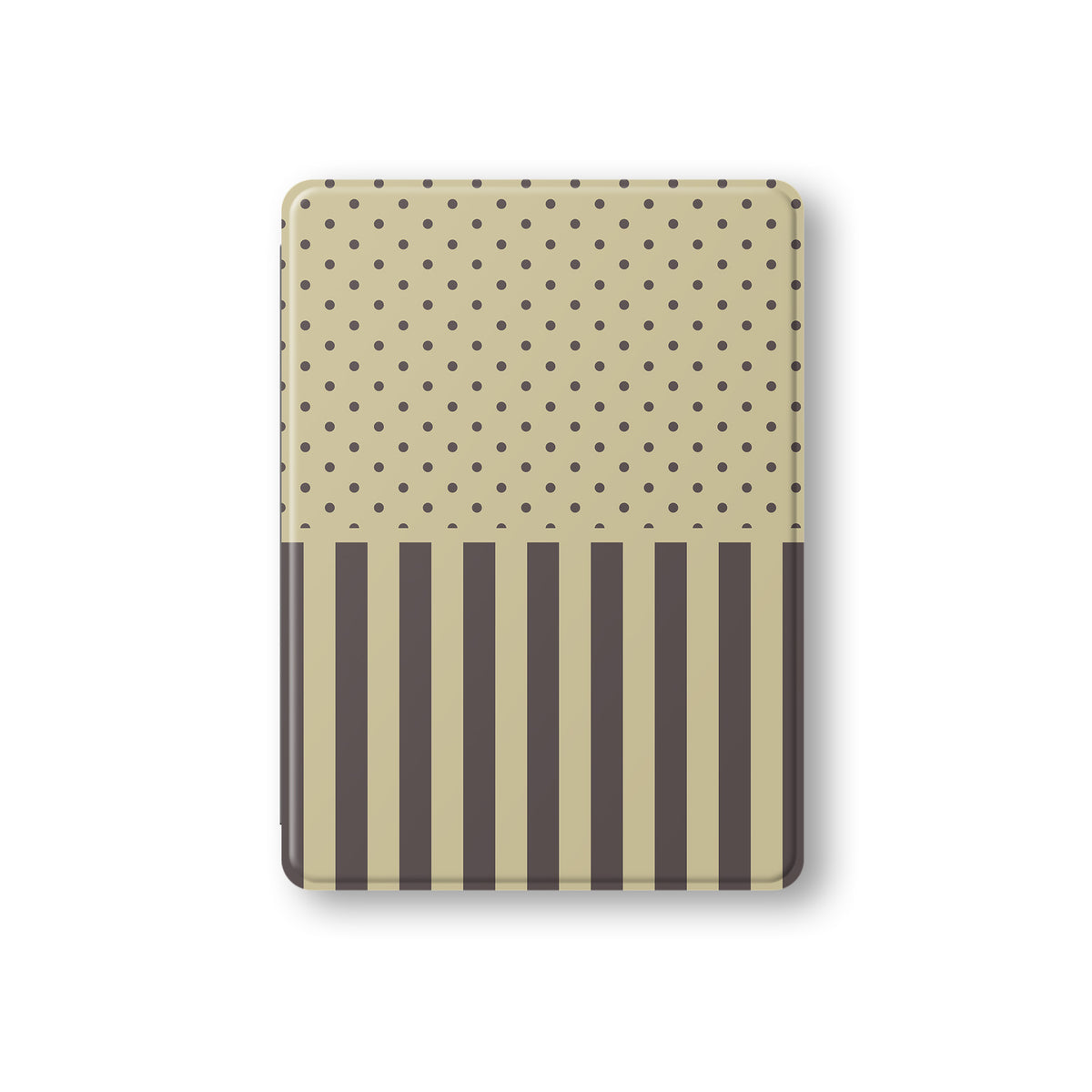 Cocoa Wafer iPad Folio Case featuring small cocoa-brown polka dots above bold vertical cocoa-brown stripes on a creamy vanilla background.