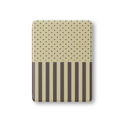 Cocoa Wafer iPad Folio Case featuring small cocoa-brown polka dots above bold vertical cocoa-brown stripes on a creamy vanilla background.