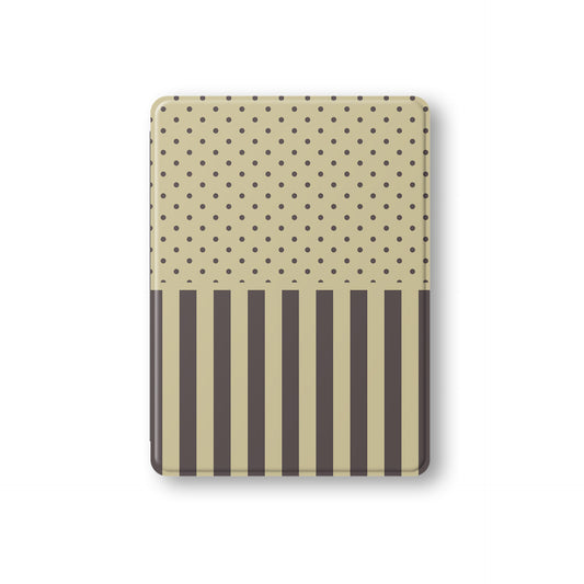 Cocoa Wafer iPad Folio Case featuring small cocoa-brown polka dots above bold vertical cocoa-brown stripes on a creamy vanilla background.