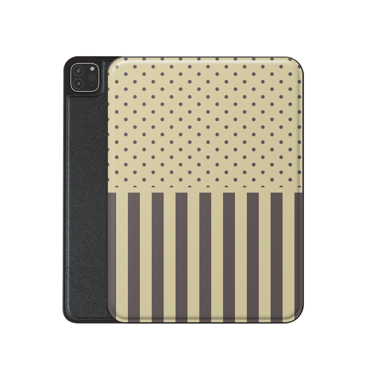 Cocoa Wafer iPad Folio Case featuring small cocoa-brown polka dots above bold vertical cocoa-brown stripes on a creamy vanilla background.