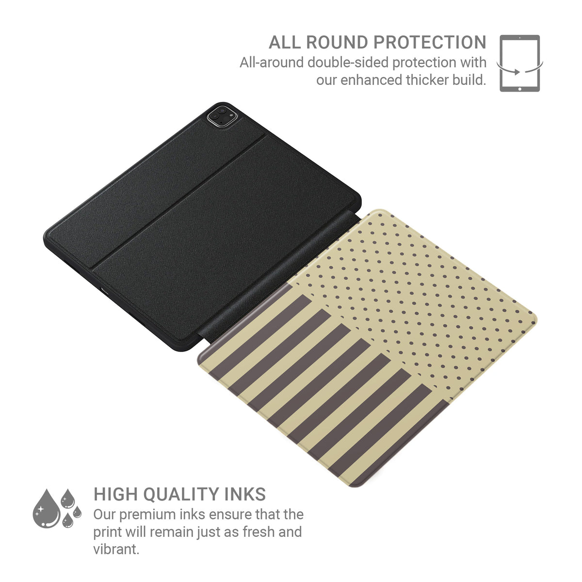 Cocoa Wafer iPad Folio Case featuring small cocoa-brown polka dots above bold vertical cocoa-brown stripes on a creamy vanilla background.