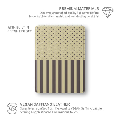 Cocoa Wafer iPad Folio Case featuring small cocoa-brown polka dots above bold vertical cocoa-brown stripes on a creamy vanilla background.