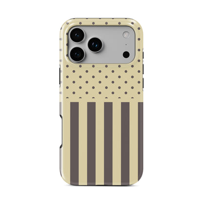 Cocoa Wafer MagSafe Tough Case featuring small cocoa-brown polka dots above bold vertical cocoa-brown stripes on a creamy vanilla background.