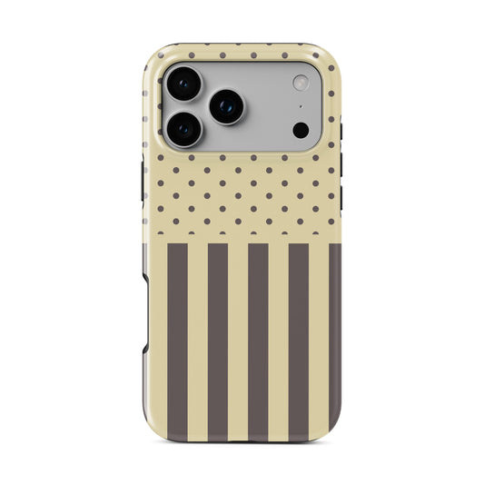 Cocoa Wafer MagSafe Tough Case featuring small cocoa-brown polka dots above bold vertical cocoa-brown stripes on a creamy vanilla background.