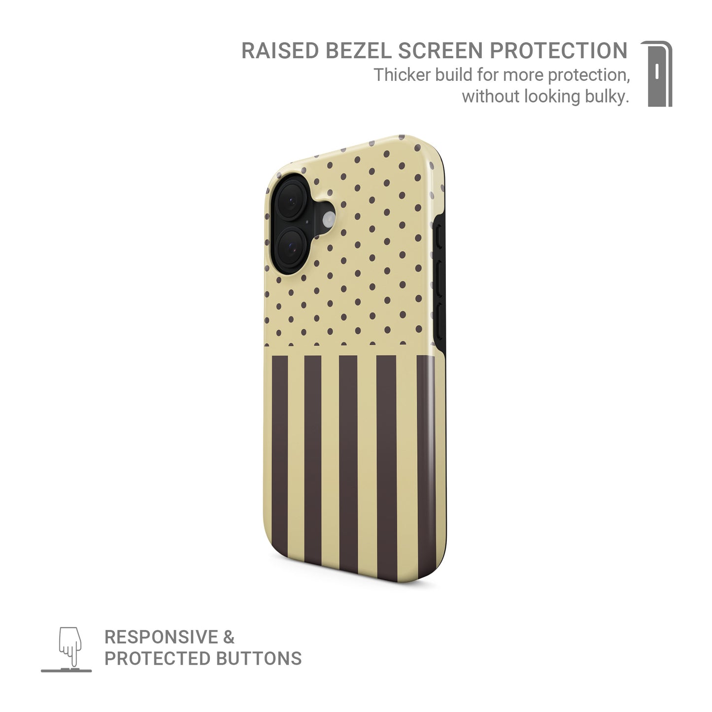 Cocoa Wafer MagSafe Tough Case featuring small cocoa-brown polka dots above bold vertical cocoa-brown stripes on a creamy vanilla background.