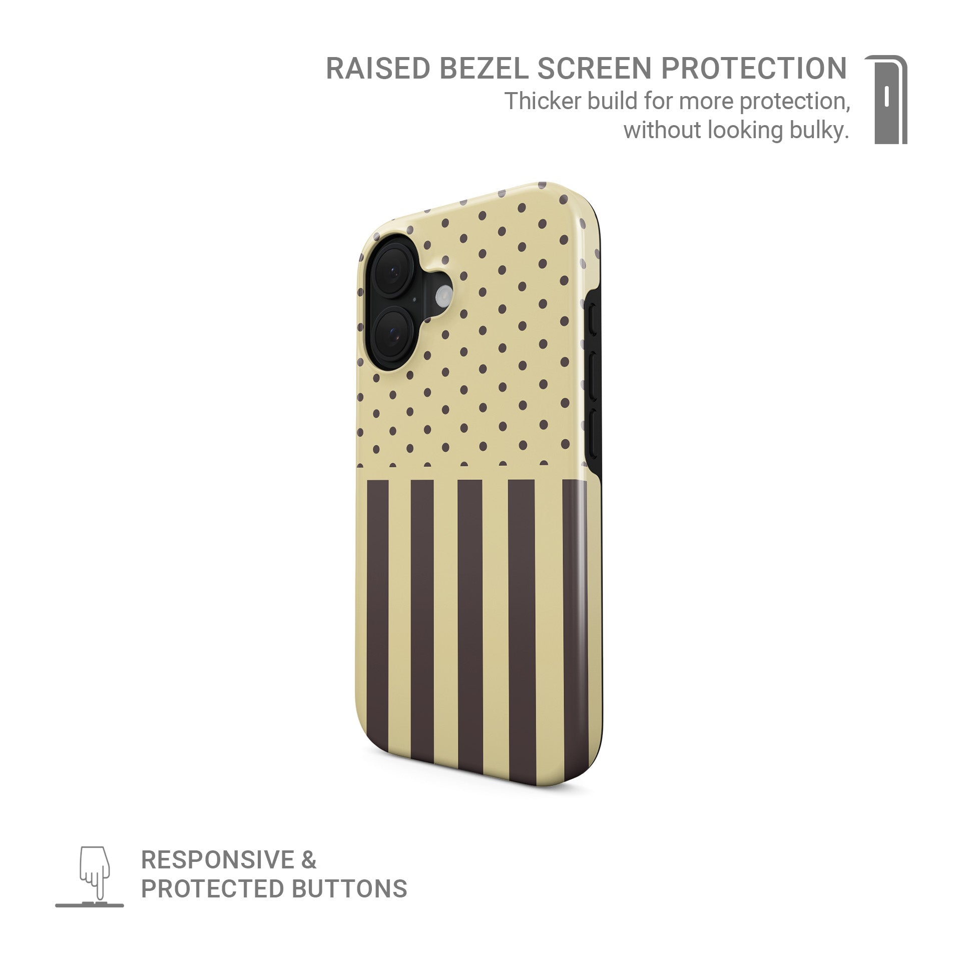 Cocoa Wafer MagSafe Tough Case featuring small cocoa-brown polka dots above bold vertical cocoa-brown stripes on a creamy vanilla background.