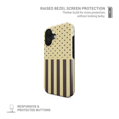 Cocoa Wafer MagSafe Tough Case featuring small cocoa-brown polka dots above bold vertical cocoa-brown stripes on a creamy vanilla background.