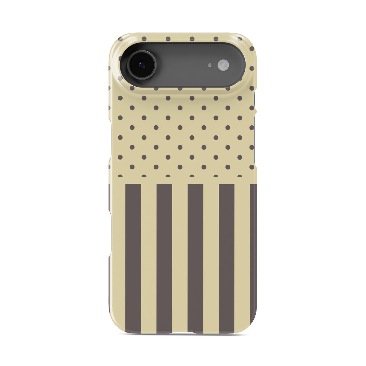 Cocoa Wafer Snap Phone Case featuring small cocoa-brown polka dots above bold vertical cocoa-brown stripes on a creamy vanilla background.