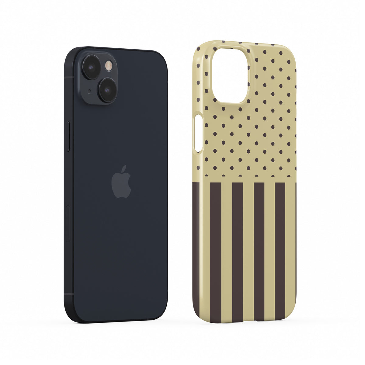 Cocoa Wafer Snap Phone Case featuring small cocoa-brown polka dots above bold vertical cocoa-brown stripes on a creamy vanilla background.