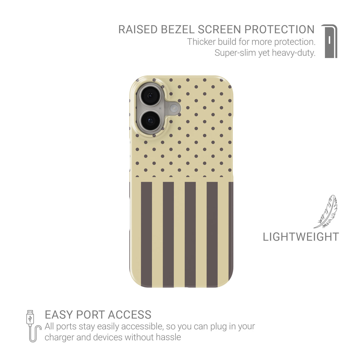 Cocoa Wafer Snap Phone Case featuring small cocoa-brown polka dots above bold vertical cocoa-brown stripes on a creamy vanilla background.