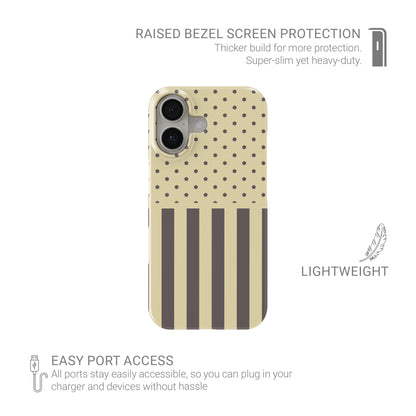 Cocoa Wafer Snap Phone Case featuring small cocoa-brown polka dots above bold vertical cocoa-brown stripes on a creamy vanilla background.