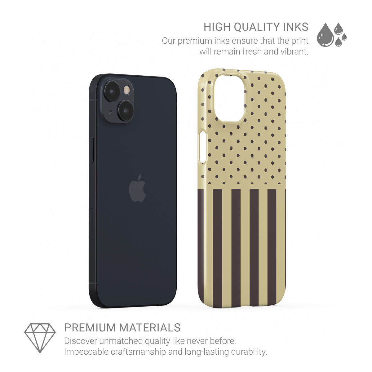 Cocoa Wafer Snap Phone Case featuring small cocoa-brown polka dots above bold vertical cocoa-brown stripes on a creamy vanilla background.