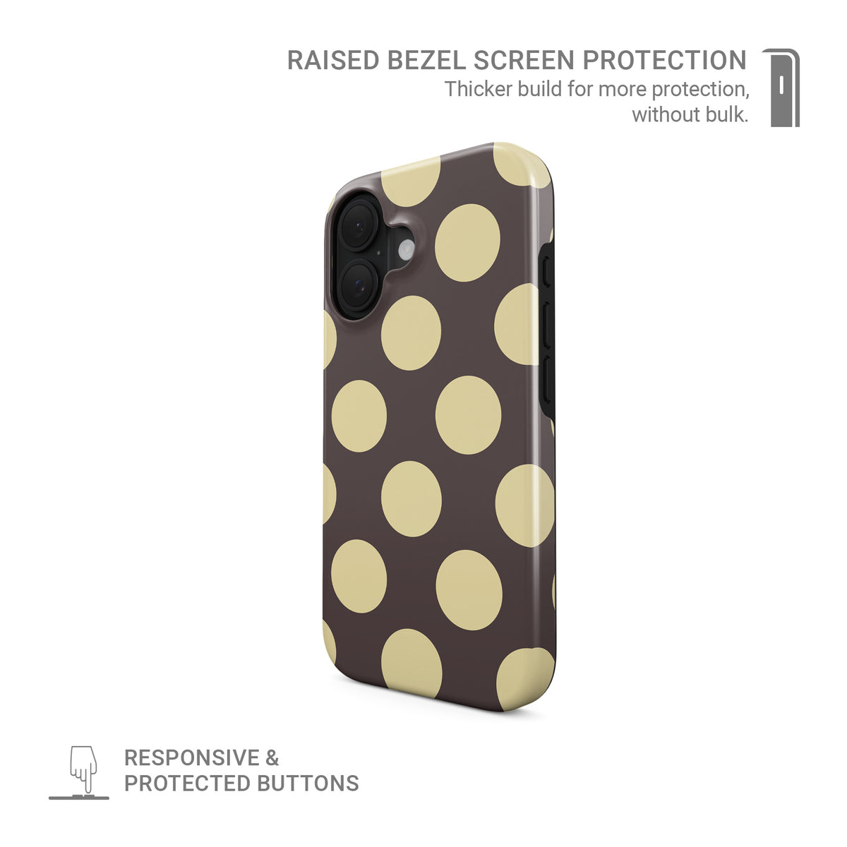 Strawberry Drops Tough Phone Case featuring small strawberry-pink polka dots on a rich cocoa-brown background.