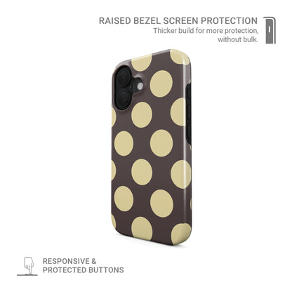 Strawberry Drops Tough Phone Case featuring small strawberry-pink polka dots on a rich cocoa-brown background.