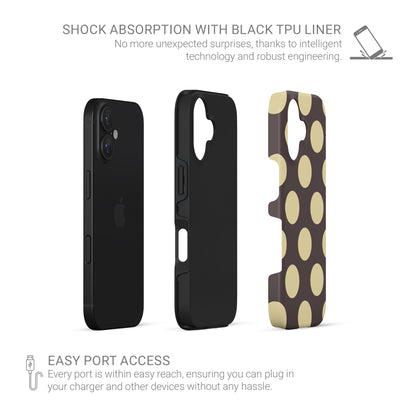 Strawberry Drops Tough Phone Case featuring small strawberry-pink polka dots on a rich cocoa-brown background.