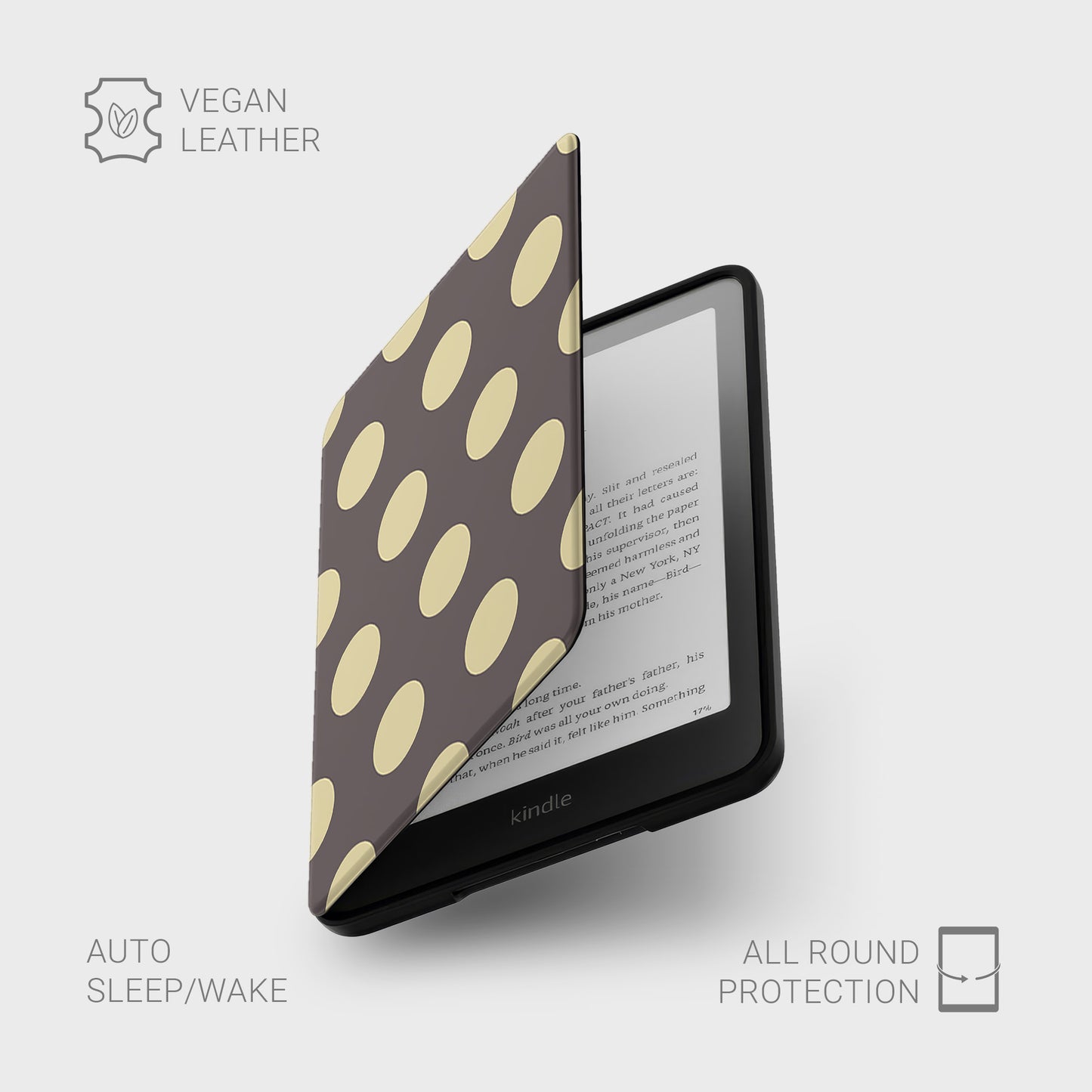 Vanilla Truffle Kindle Case featuring oversized creamy vanilla polka dots on a rich cocoa-brown background.
