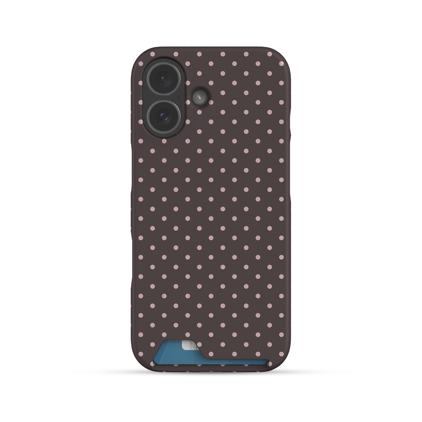 Strawberry Drops Card Phone Case featuring small strawberry-pink polka dots on a rich cocoa-brown background.